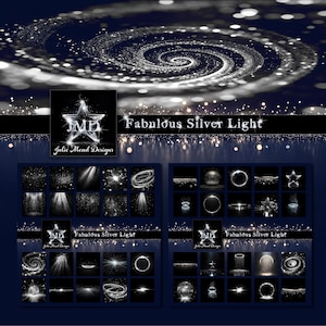 Könnte beinhalten: Eine digitale Collage mit 30 silbernen Lichteffekten, darunter Sterne, Kreise und Lichtstrahlen. Der Text "Fabulous Silver Light" erscheint oben im Bild.