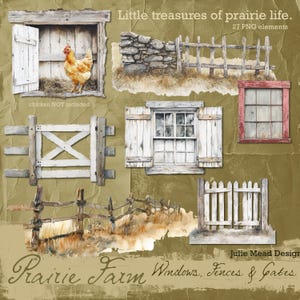 May include: Watercolor illustrations of prairie farm elements, including windows, fences, and gates. The image features a rustic aesthetic with weathered wood textures and a muted color palette. Text reads "Little treasures of prairie life" and "Prairie Farm Windows, Fences & Gates."
