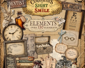 Curiosities of Sight and Smile Elements•VintageEphemera•136 PNG Elements plus Printable PDF
