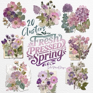 Può includere: Un collage digitale con 20 gruppi floreali nei toni del rosa, viola e verde. Il testo "Fresh Pressed Spring" è visualizzato in un carattere decorativo. L'immagine include fiori pressati ed elementi botanici.