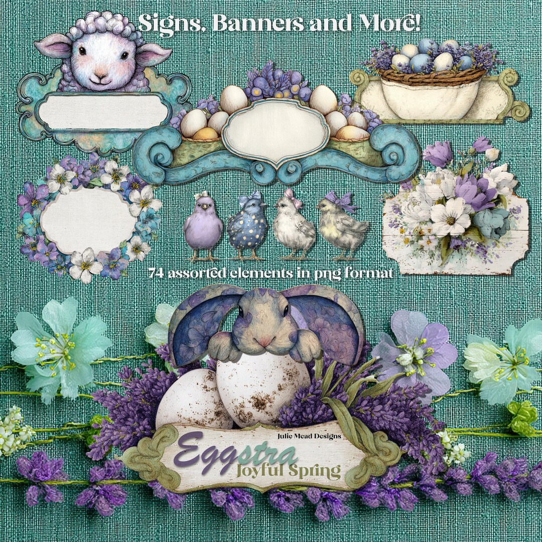 74 Easter Scrapbook Elements PNG | Spring Signs, Banners Labels | Bunny ...