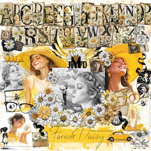 May include: A collage featuring daisy-themed art and illustrations. The design includes a yellow color scheme, vintage-style alphabet letters, portraits of women, and the text "Forever Daisy" and "Julie Mead Designs".