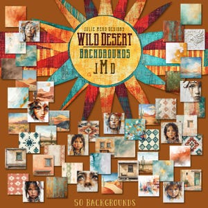 May include: A collection of 50 "Wild Desert Backgrounds" digital art images. The images feature watercolor illustrations of desert landscapes, portraits, and patterns. The color palette includes warm tones of orange, brown, and turquoise.