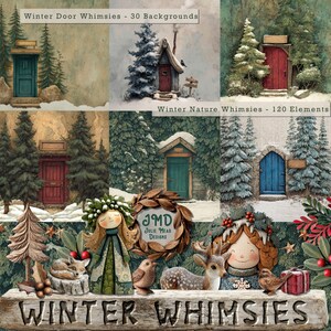 May include: Digital art featuring winter-themed illustrations. The image showcases various scenes with colorful doors, snow-covered trees, and whimsical elements. Text includes "Winter Door Whimsies" and "Winter Nature Whimsies".
