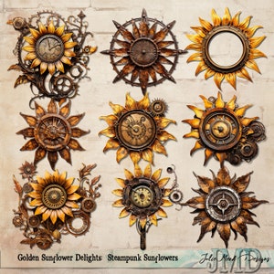 Gyllene solrosfröjder Steampunk-solrosor, kommersiellt bruk, PNG PDF, utskrivbara ark, skräpjournal, digital scrapbooking
