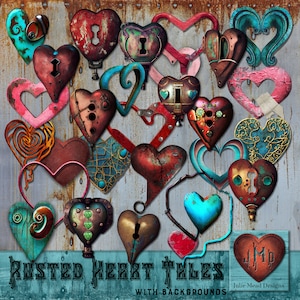 May include: A collection of rusty, metal heart-shaped designs with intricate details. The hearts are in various colours, including red, blue, green, and brown. The hearts are arranged in a random pattern on a textured background. The text "Rusted Heart Tales" and "Julie Mead Designs" are visible at the bottom of the image.