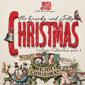 May include: A festive collage with the text "The Quirky and Jolly CHRISTMAS" in red, textured letters. The image includes illustrations of a bell, a cardinal, penguins in a sleigh, and a "Merry Christmas" banner.