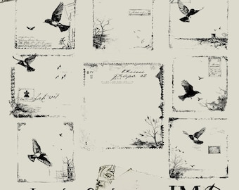 May include: Black and white digital collage with distressed frames and flying birds. The text "Imperfect Overlays" and "JMD Julie Mead Design" is included in the image.