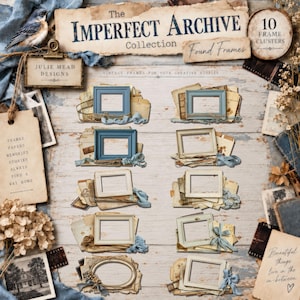 Può includere: Una collezione digitale intitolata The Imperfect Archive che presenta dieci gruppi di cornici. Il set include varie cornici rettangolari e ovali nei toni del blu, crema e bianco, stratificate con carta vintage, strisce di pellicola e nastri di tessuto.