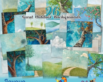 Puede incluir: Un collage de 26 fondos digitales que presentan varias escenas al aire libre con árboles, nubes y cielos azules. El texto "Great Outdoor Backgrounds" se muestra en el centro de la imagen. El texto "Joyous Adventures in Vivid Color" se muestra en la parte inferior de la imagen.