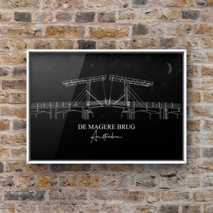 Amsterdam Print Wall Art, Amsterdam Line Art Print, Minimalist, DIGITAL DOWNLOAD, De Magere brug by nigth, Amsterdam