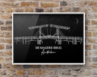 Amsterdam Print Wall Art, Amsterdam Line Art Print, Minimalista, DOWNLOAD DIGITALE, De Magere brug di nigth, Amsterdam