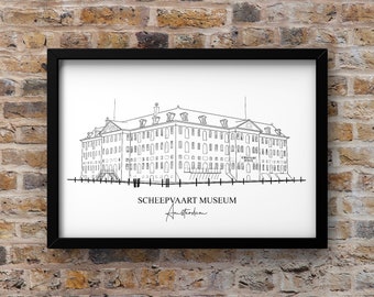Stampa artistica da parete di Amsterdam, stampa di Amsterdam Line Art, minimalista, DOWNLOAD DIGITALE, Museo marittimo, Amsterdam