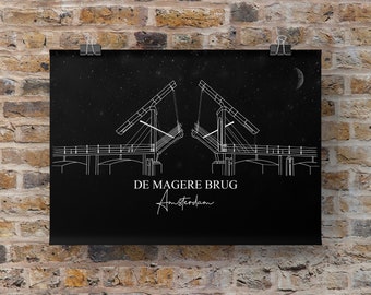Amsterdam Print Wall Art, Amsterdam Line Art Print, Minimalista, DOWNLOAD DIGITALE, De Magere brug di notte aperto, Amsterdam