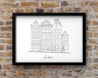 Amsterdam Print Wall Art, Amsterdam Line Art Print, Minimalista, DIGITAL DOWNLOAD, Amsterdam canal houses, Amsterdam