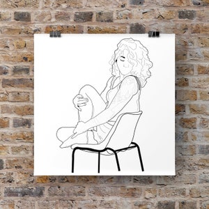 May include: Line drawing of a person sitting on a chair with their legs crossed. The person has curly hair and is wearing a sleeveless top.