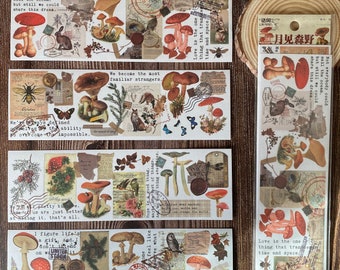 Forest Theme Journal Tape, Vintage Washi Tape Sample, Masking Tape,Planner Tape, Mushroom Stickers for Scrapbooking Junk Journal Card Making