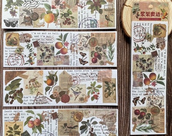 Fita adesiva para diário, amostra de fita washi vintage, fita crepe, fita para planner, adesivos de frutas silvestres, adesivos de cogumelos para scrapbooking e diário de arte.