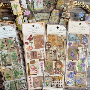 Pegatinas de diario estilo vintage, pegatinas florales, pegatinas de flores de PET transparentes, pegatinas de plantas para planificador, álbum de recortes, diario basura y creación de tarjetas.