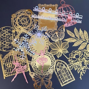 80 Stück Goldfolie Hohle Papierspitze Sets, Laser Spitze Ephemeras, Scrapbook Papier, Junk Journal Kits, Stanzteile für Journaling, Scrapbooking