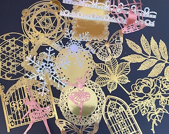 80pcs Gold Foil Hollow Paper Lace Sets, Laser Lace Ephemeras, Scrapbook Paper, Junk Journal Kits, Die-cuts for Journaling, Scrapbooking