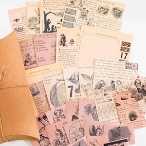 Vintage geïnspireerd plakboek, gedrukte oude pagina's stickers, kortstondige, rommeljournaalkit, knutselpapier, knutselspullen, exemplaar, collagepapier,