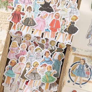 50 Stück Vintage Mädchen Washi Aufkleber, Kindheitsmode Aufkleber, Retro Mädchen Mode Aufkleber, Deko-Aufkleber, Vintage Journaling Aufkleber