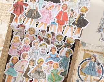 50pcs Vintage Girls Washi Stickers, Childhood Fashion Stickers, Retro Girls Fashion Stickers,Deco Stickers,Vintage Journaling Stickers