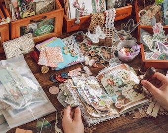 Vintage Junk Journal Kit: Ephemera, Stickers, Lace, Tags (140 Pcs)