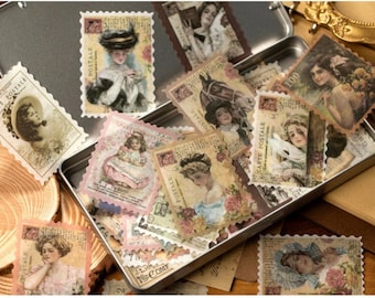 60PCS Vintage Washi Stickers Pack, Stamp Stickers, Journal Stickers Pack, Vintage Designs Themed Stickers for Scrapbook, Junk Journal