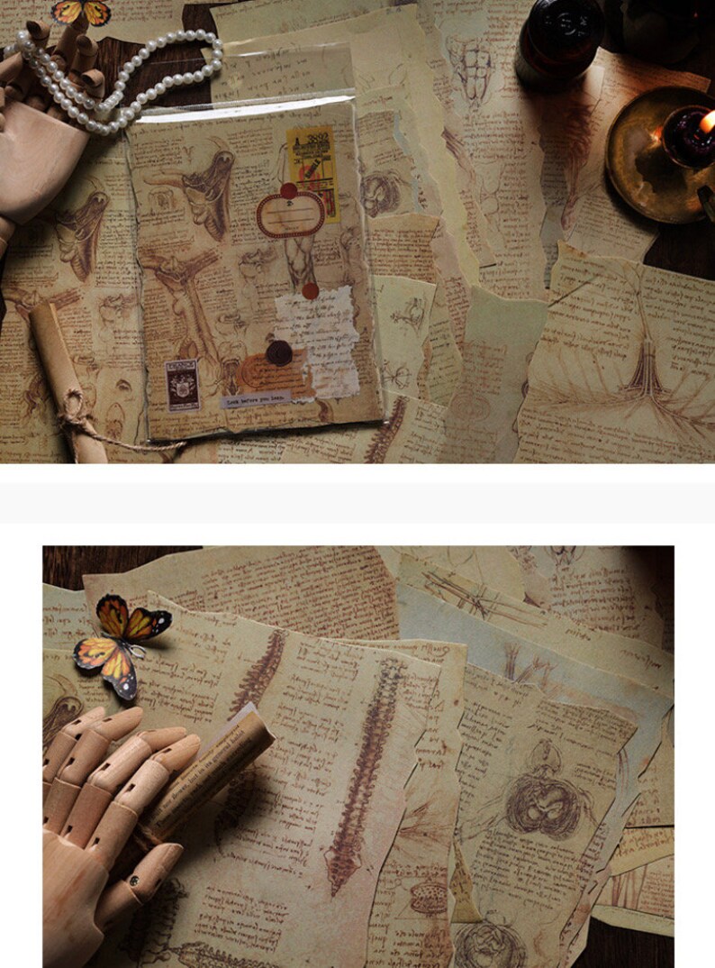 May include: A collection of vintage paper scraps with anatomical illustrations and handwritten text. The paper is aged and has a yellowed, worn look. The scraps are perfect for scrapbooking, card making, or other craft projects.