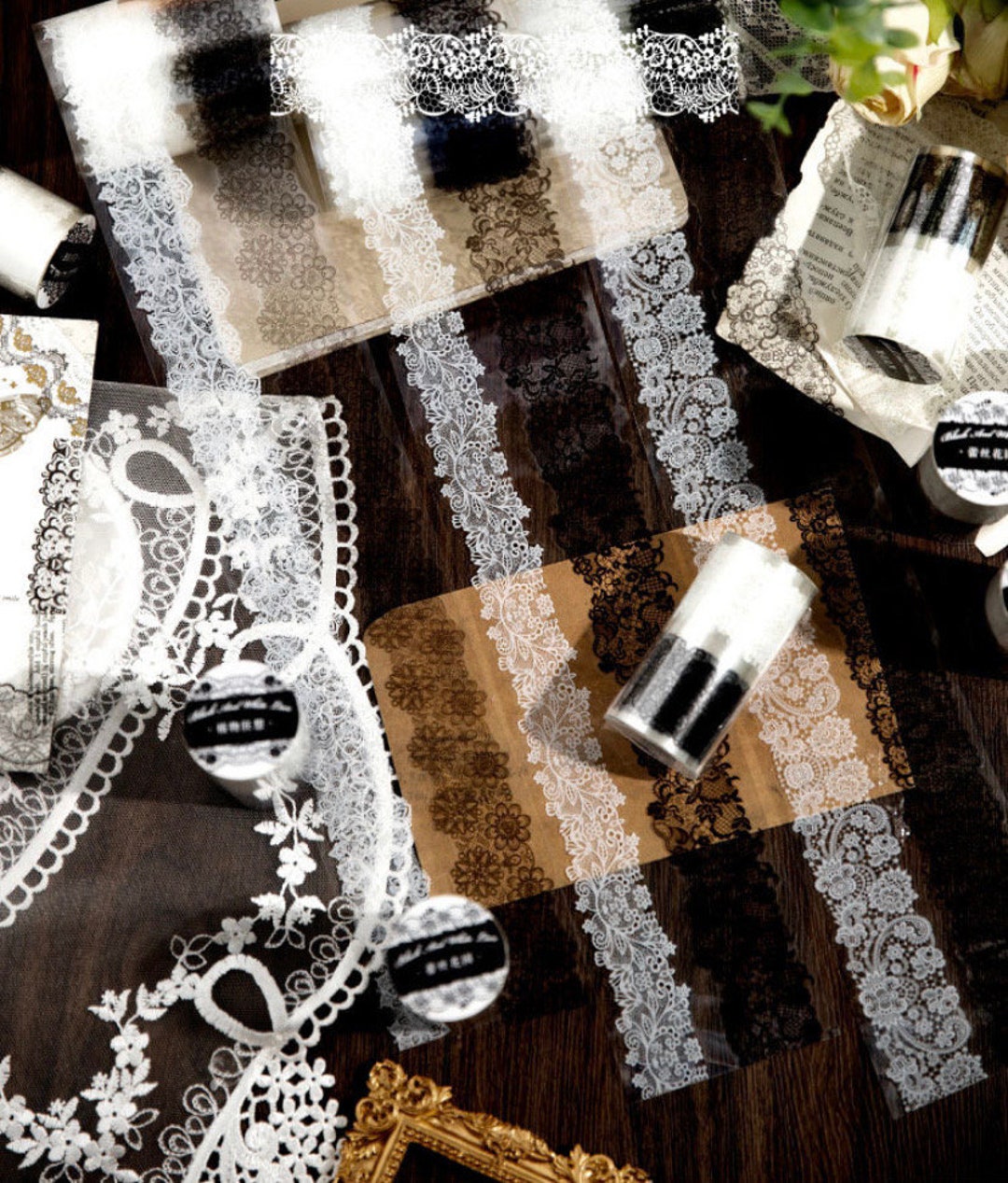 Black & White Lace PET Tape, Masking Tape, Journal Tape, Planner Tapes