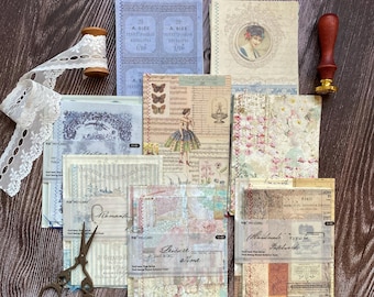 Vintage Scrapbook Paper with Sewing Threads, Junk Journal Kit, Collage Paper, Rustic Paper, Journaling Paper for Scrapbooking,Art Journaling