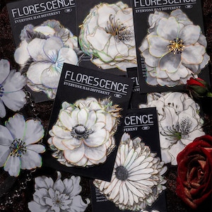 20 pegatinas de flores, pegatinas de flores blancas con bordes dorados de PET, pegatinas de diario, pegatinas florales, kit de diario basura para llevar un diario, álbumes de recortes