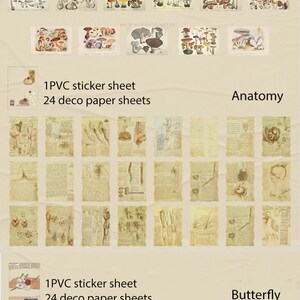 May include: A set of 72 vintage-style paper sheets and sticker sheets featuring illustrations of mushrooms, anatomical drawings, and butterflies. The paper sheets are cream-colored with a distressed look, and the sticker sheets are printed on clear PVC.