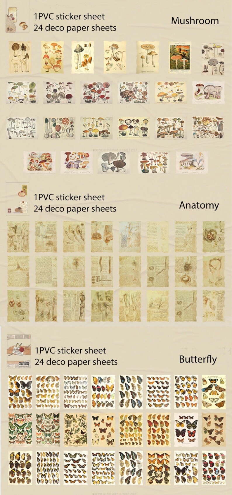 May include: A set of 72 vintage-style paper sheets and sticker sheets featuring illustrations of mushrooms, anatomical drawings, and butterflies. The paper sheets are cream-colored with a distressed look, and the sticker sheets are printed on clear PVC.