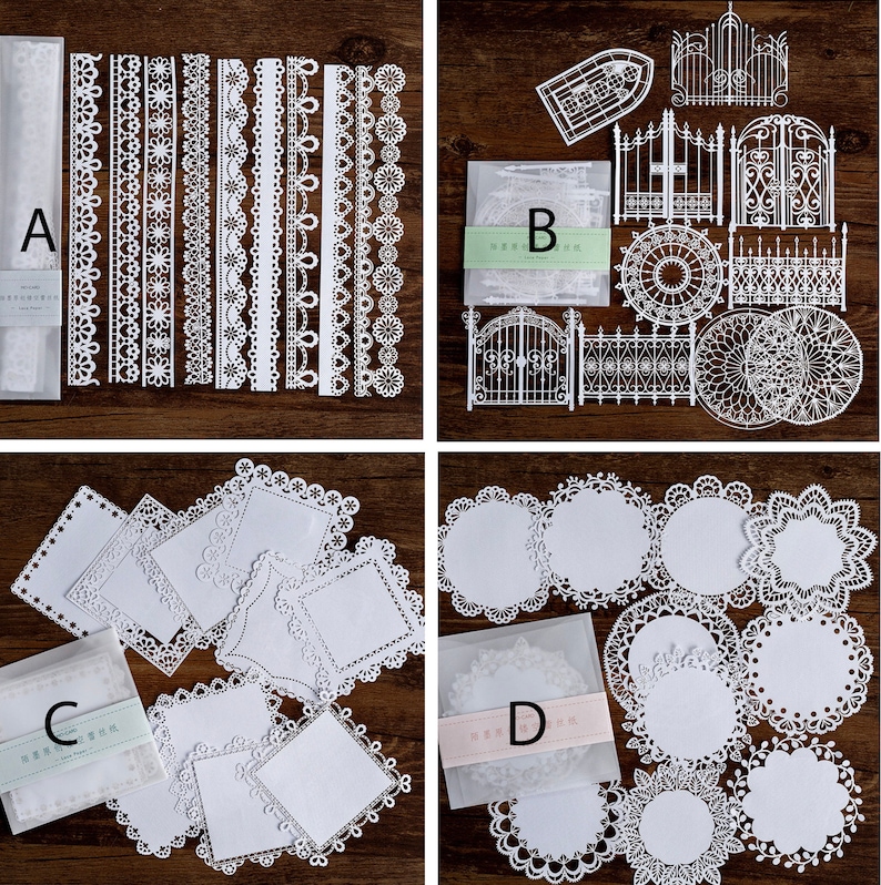 Puede incluir: Cuatro juegos de servilletas y bordes de encaje de papel blanco. El primer juego es una colecci&oacute;n de 20 bordes de encaje diferentes. El segundo juego es una colecci&oacute;n de 10 dise&ntilde;os de portales de metal diferentes. El tercer juego es una colecci&oacute;n de 10 servilletas de encaje diferentes. El cuarto juego es una colecci&oacute;n de 10 servilletas de encaje diferentes.