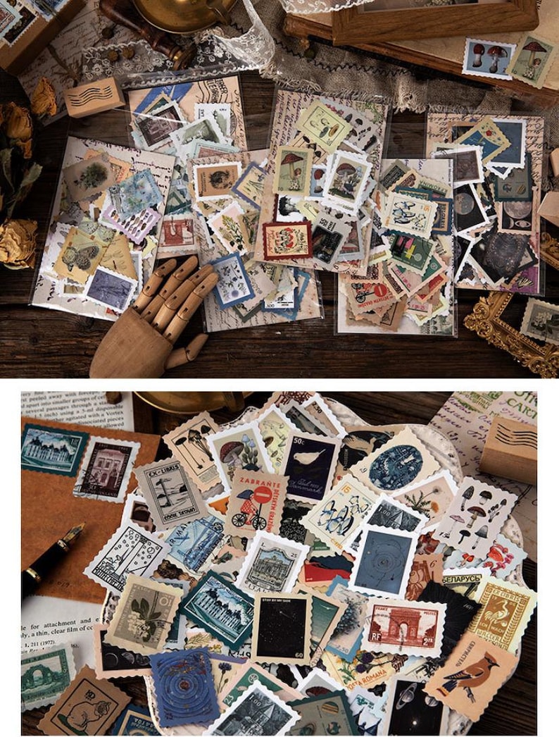Vintage Stamps Stickers, Stämpelsamlingar, Journal Stickers Pack, 46 st retro-tema klistermärken, Junk Journal Kit för scrapbooking bild 5