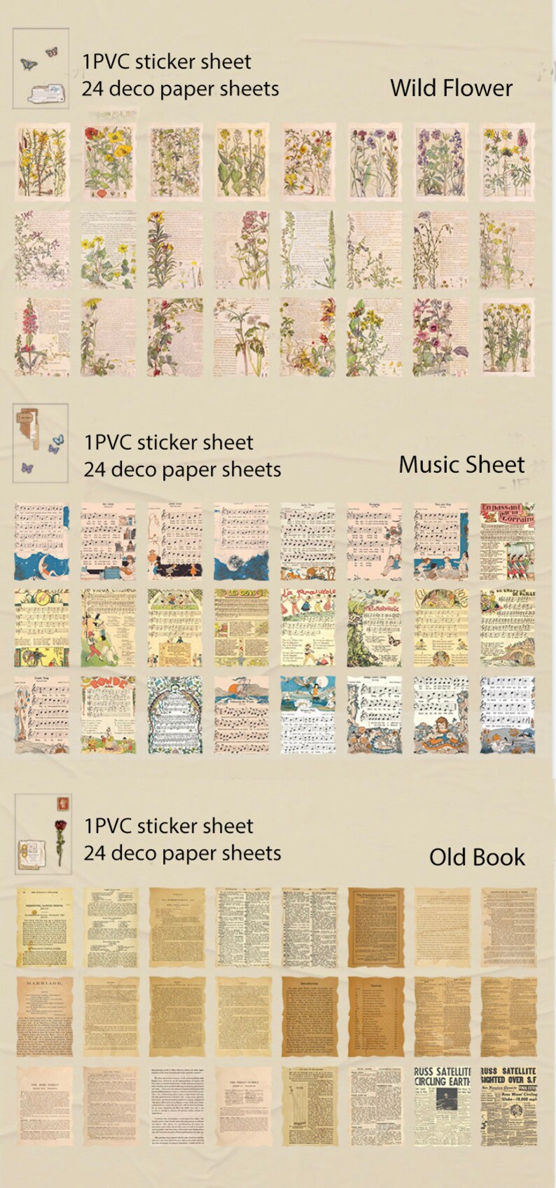 May include: A set of 24 vintage-style paper sheets with various designs, including wild flowers, music sheets, and old book pages. Each sheet is approximately 3.5 inches by 5 inches. The set also includes one PVC sticker sheet.