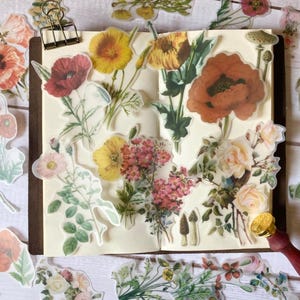 Lot de 56 autocollants fleurs, autocollants floraux, autocollants coquelicots, autocollants roses pour kit de journal indésirable de style vintage pour le scrapbooking, journalisme