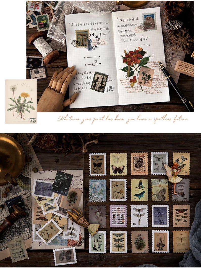 Vintage Stamps Stickers, Stämpelsamlingar, Journal Stickers Pack, 46 st retro-tema klistermärken, Junk Journal Kit för scrapbooking bild 6