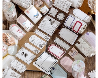 Adhesive labels, Stickers, Tapes, Junk Journal Kit, Ephemeras, Border, Note Paper, Gift Label,Tags for Journaling, Scrapbooking, Card making
