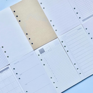 Pu&ograve; includere: Un set di 10 fogli di ricarica in carta bianca, bianca e marrone per un raccoglitore a 6 anelli. I fogli hanno diversi layout, tra cui rigati, a griglia e vuoti. I fogli sono progettati per prendere appunti, tenere un diario e pianificare.