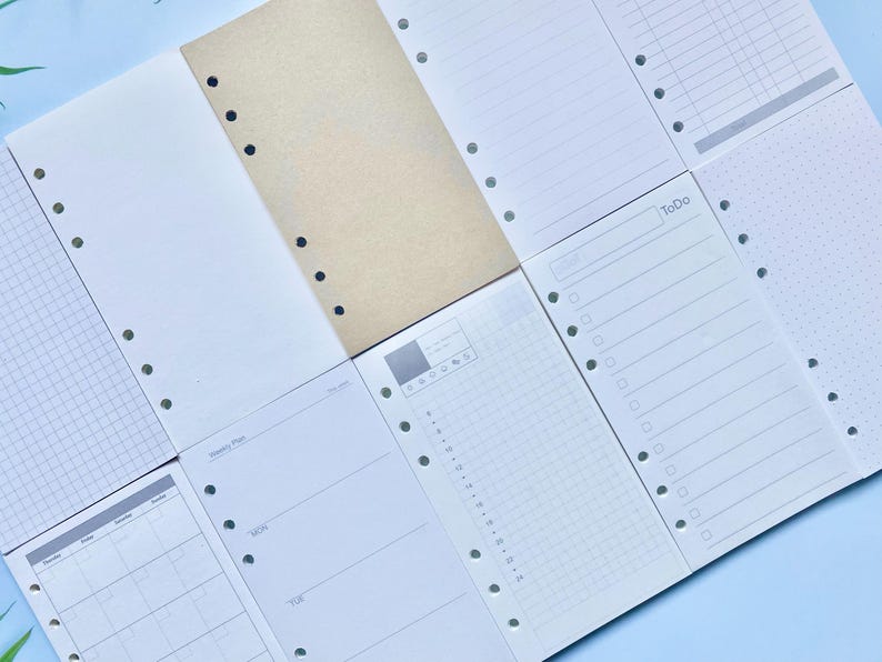 Pu&ograve; includere: Un set di 10 fogli di ricarica in carta bianca, bianca e marrone per un raccoglitore a 6 anelli. I fogli hanno diversi layout, tra cui rigati, a griglia e vuoti. I fogli sono progettati per prendere appunti, tenere un diario e pianificare.