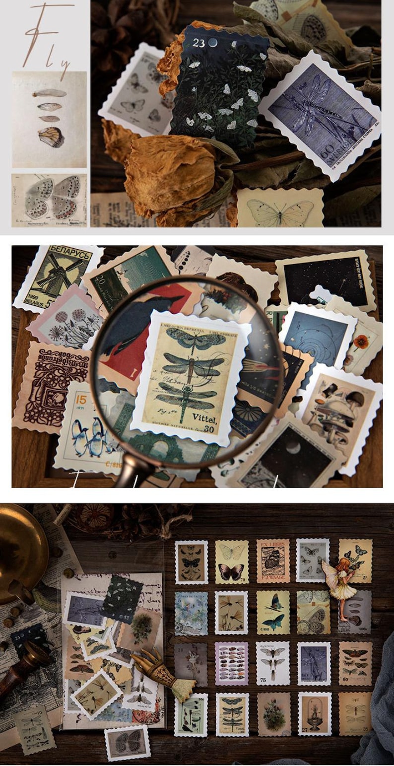 Vintage Stamps Stickers, Stämpelsamlingar, Journal Stickers Pack, 46 st retro-tema klistermärken, Junk Journal Kit för scrapbooking bild 7
