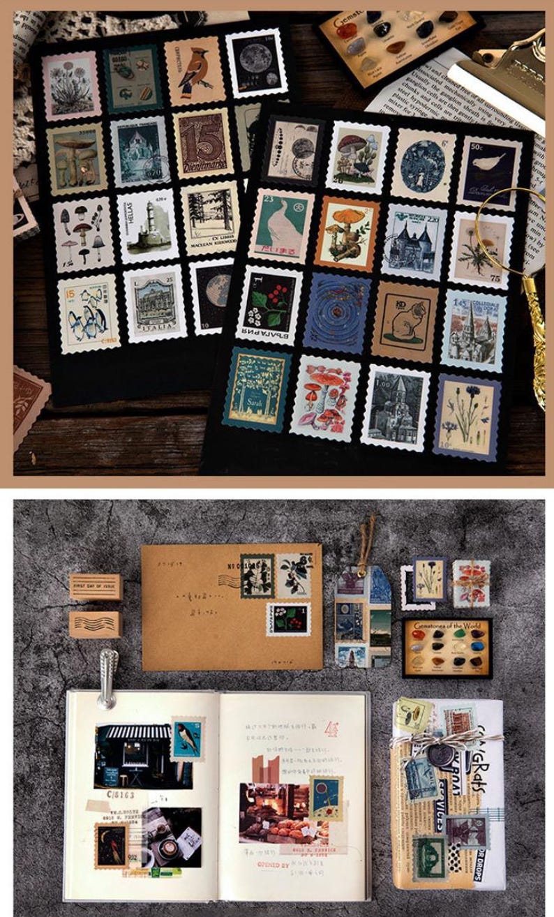 Vintage Stamps Stickers, Stämpelsamlingar, Journal Stickers Pack, 46 st retro-tema klistermärken, Junk Journal Kit för scrapbooking bild 3