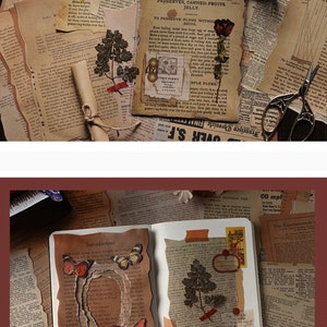May include: A vintage-style scrapbook with brown paper pages and decorative elements. The pages are decorated with torn pieces of old paper, dried flowers, and butterfly stickers. The scrapbook is open to reveal a page with the text "Introduction" and a decorative frame made of torn paper. The scrapbook is surrounded by other pieces of old paper and a pair of scissors.