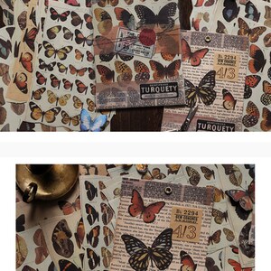 May include: A collection of vintage butterfly stickers on a sheet of paper. The stickers are printed on a newspaper background with the text "DENTIFRICES TURQUETY" and "BL 2294 GEM COACHES 4/3".
