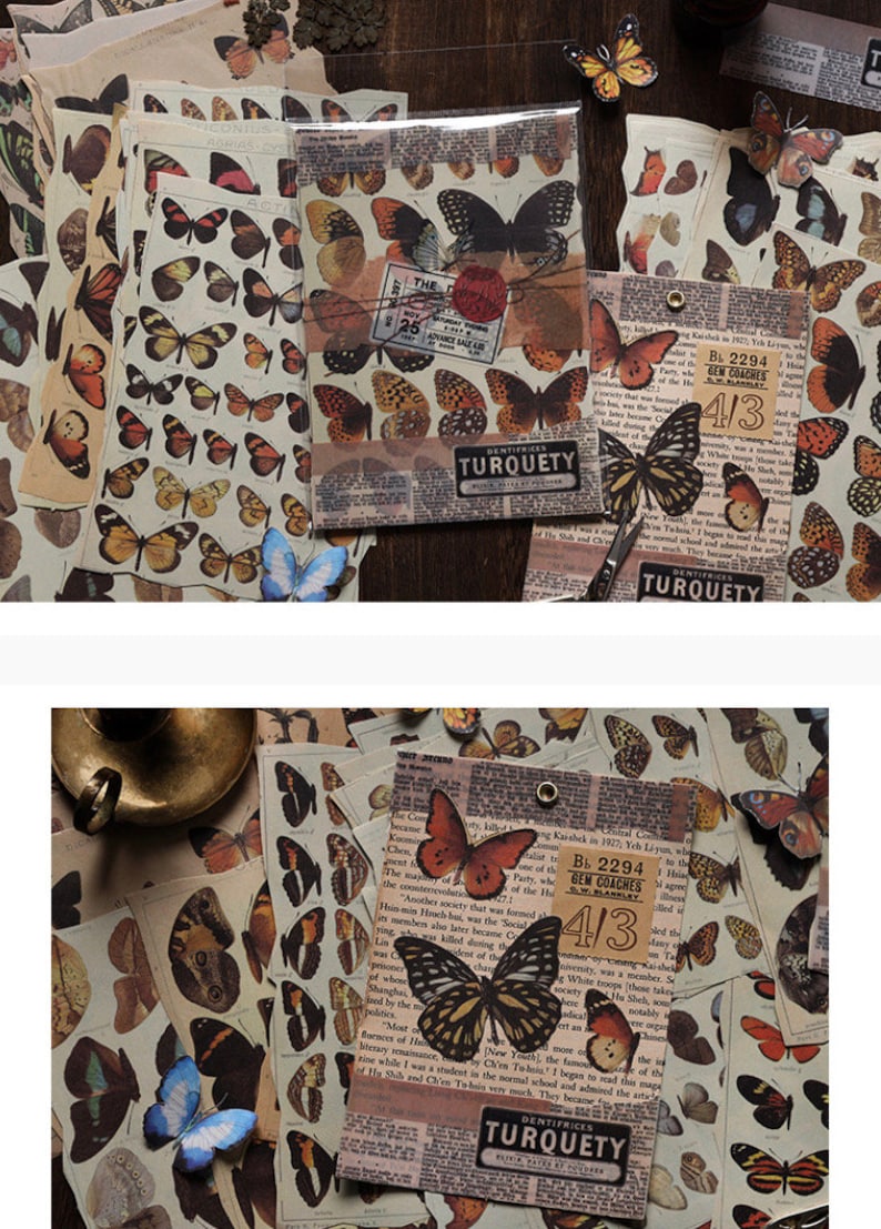 May include: A collection of vintage butterfly stickers on a sheet of paper. The stickers are printed on a newspaper background with the text "DENTIFRICES TURQUETY" and "BL 2294 GEM COACHES 4/3".