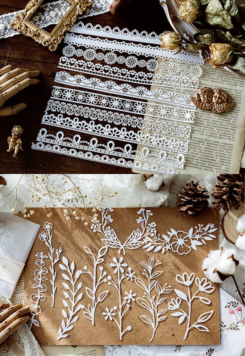 Puede incluir: Un conjunto de bordes de encaje de papel blanco y dise&ntilde;os florales. Los bordes de encaje son de varios patrones y tama&ntilde;os. Los dise&ntilde;os florales incluyen tallos, hojas y flores.